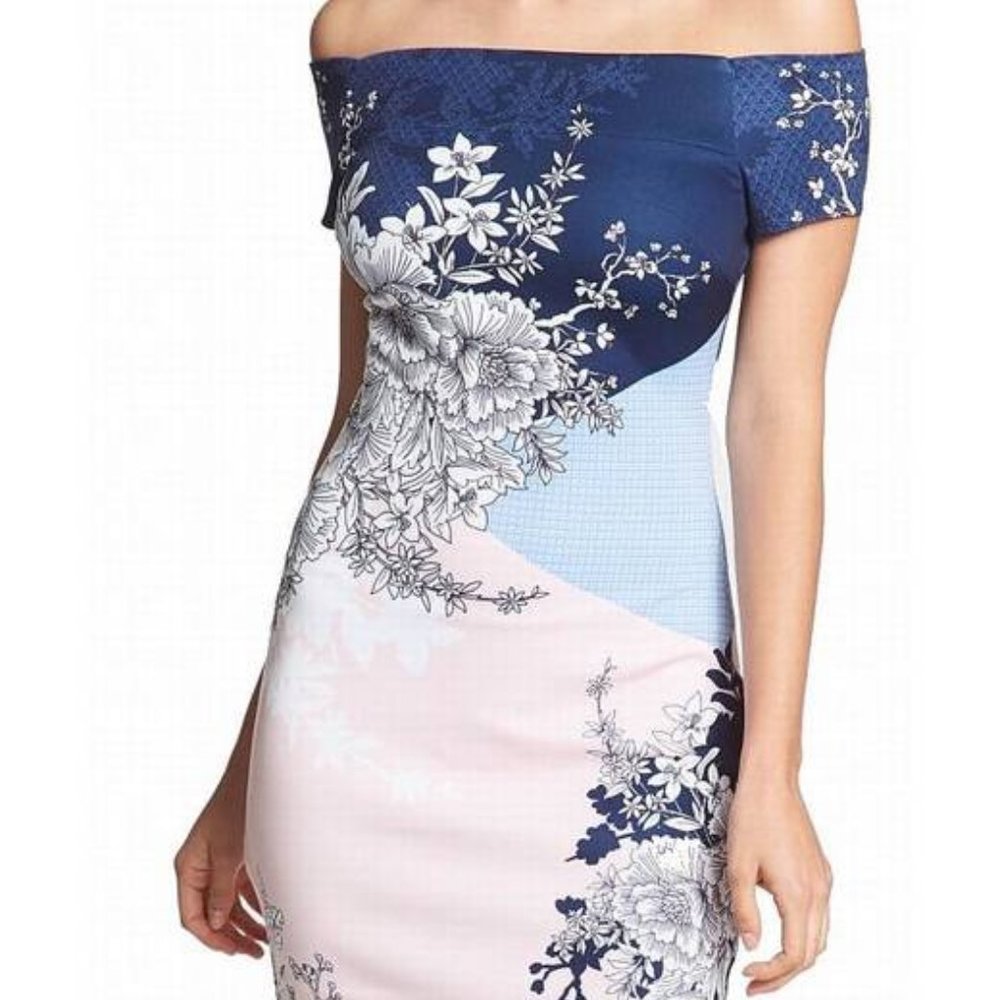 Guess Scuba Floral Print Off The Shoulder Sheath Cocktail Dress Size 14-worn 1x